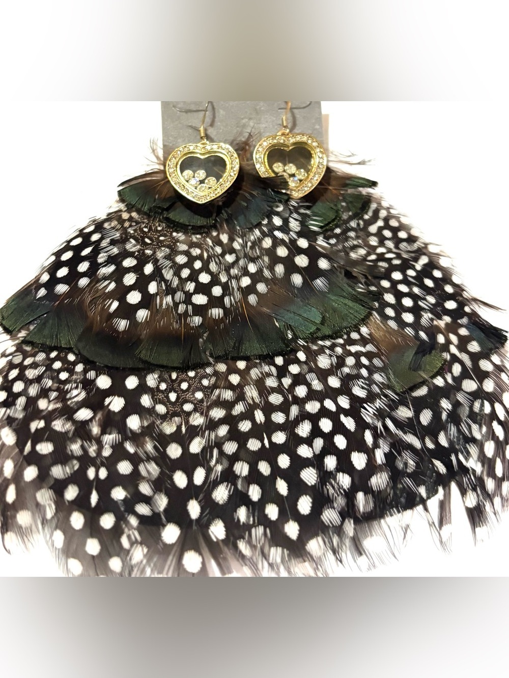 Gold Heart Crystal and Black Speckled Feather Drop Earrings